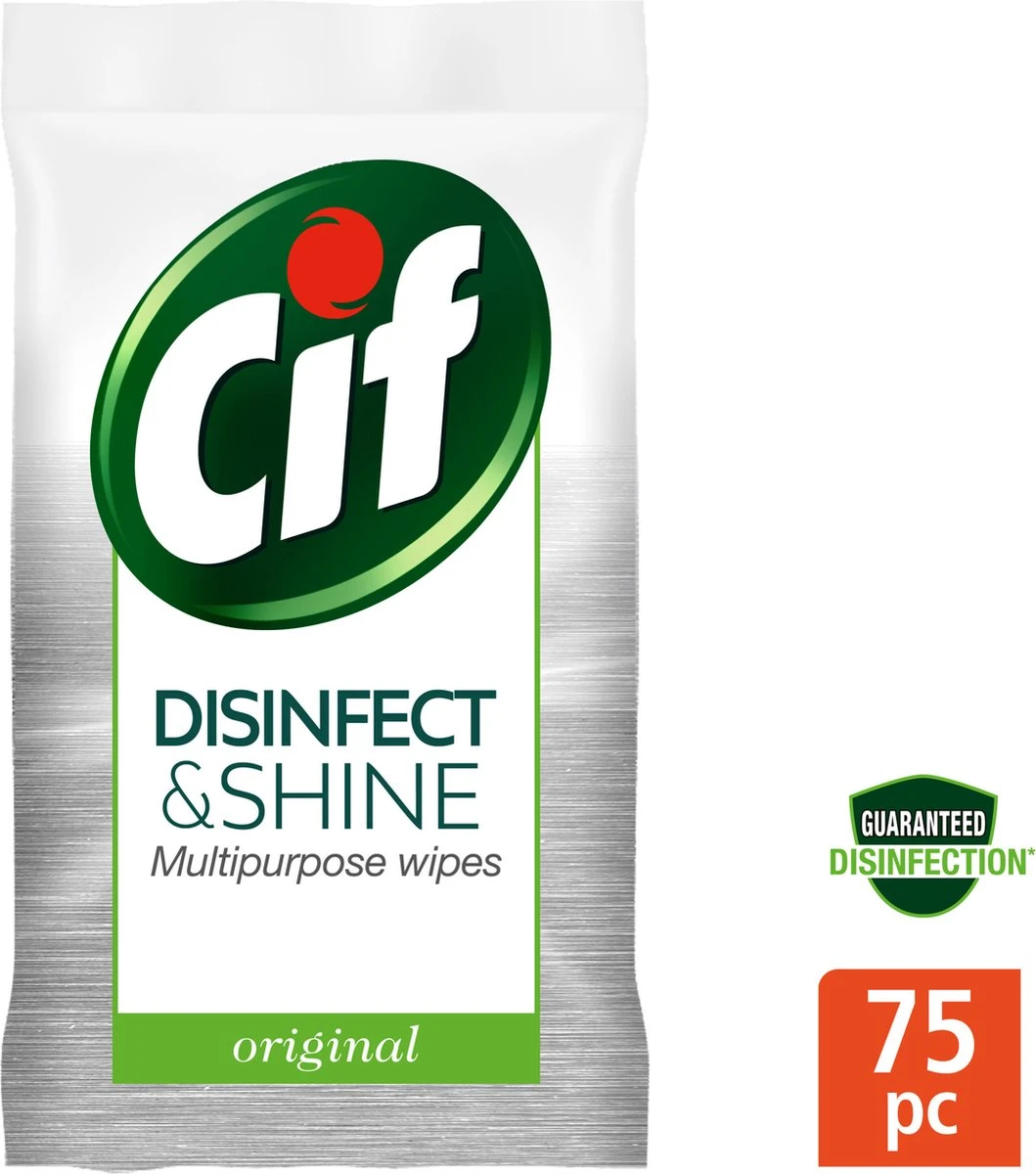 Cif Disinfect & Shine Wipes Doden 99,99% Van De Bacteriën Original Desinfecterende Schoonmaakdoekjes, Van 100% Biologisch Afbreekbaar Textiel 5 X 75 Doekjes 2 Cif Disinfect & Shine Wipes Doden 99,99% Van De Bacteriën Original Desinfecterende Schoonmaakdoekjes, Van 100% Biologisch Afbreekbaar Textiel 5 X 75 Doekjes - Afbeelding 2