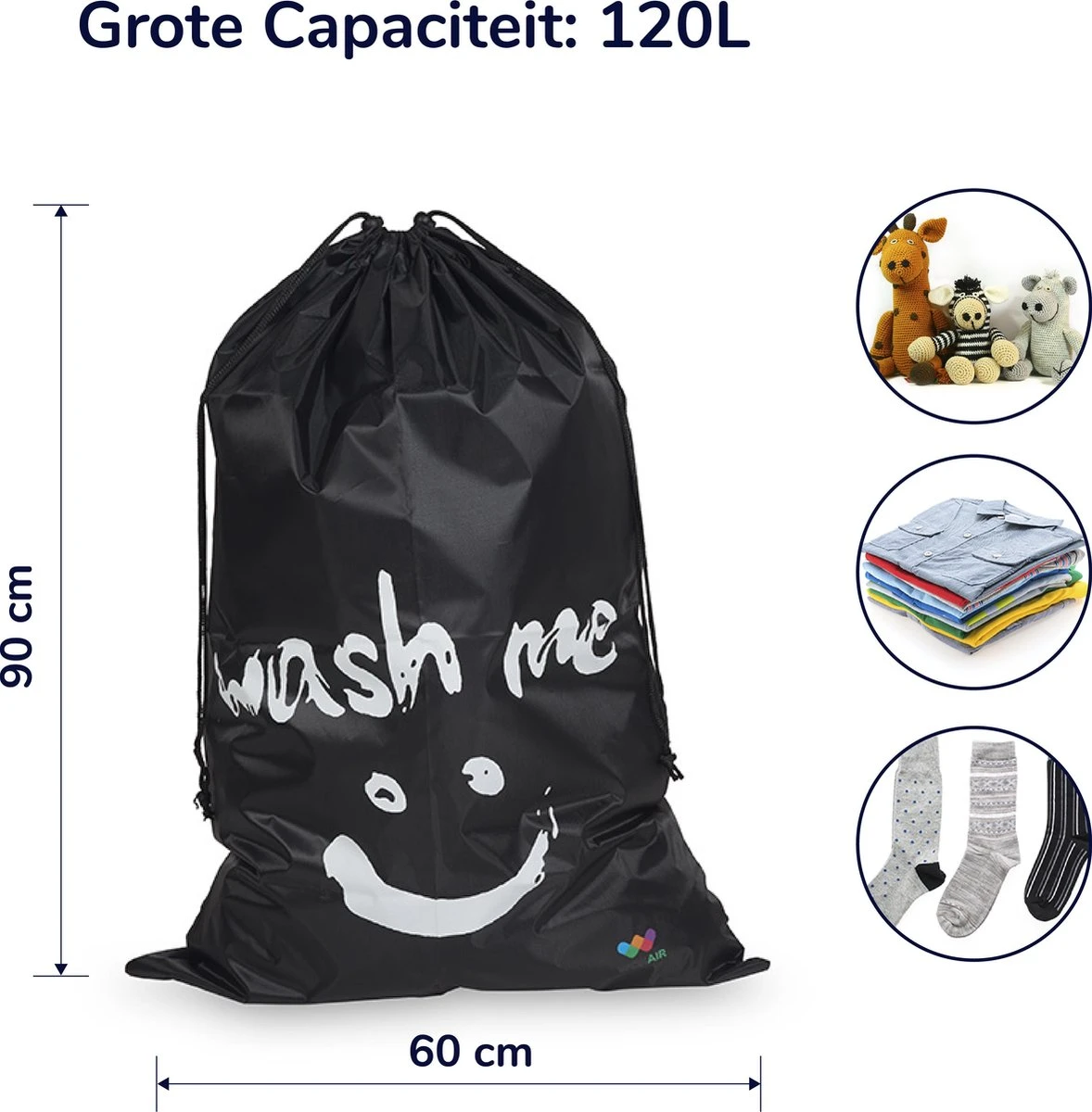 Wonair - Grote Waszak - Laundry Bag - Wash Me - 60x90cm - Zwart - Met Trekkoord 8 Wonair - Grote Waszak - Laundry Bag - Wash Me - 60x90cm - Zwart - Met Trekkoord - Afbeelding 8