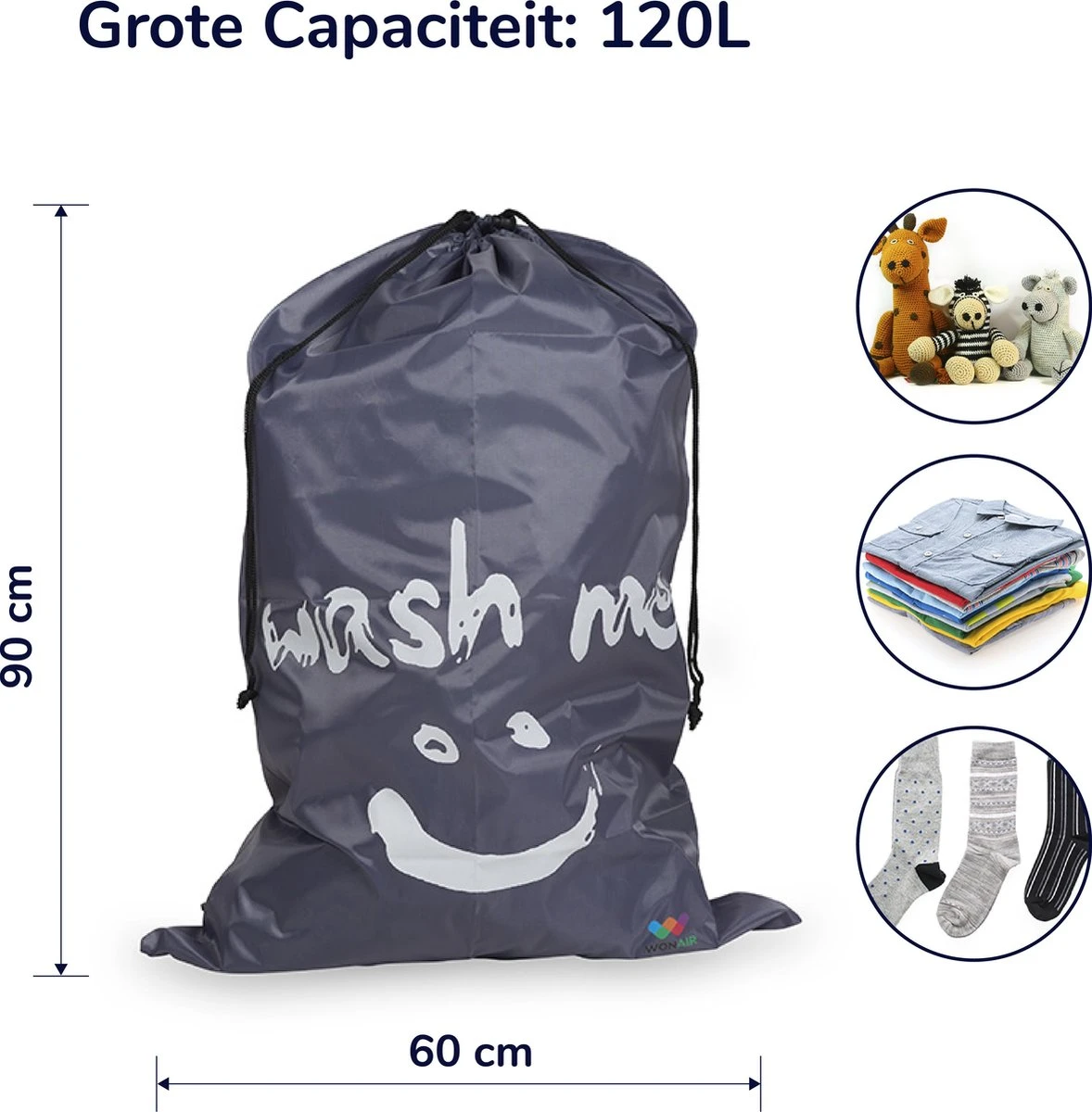 Wonair - Grote Waszak - Wash Me - Wastas - 60x90cm - Grijs - Met Trekkoord 7 Wonair - Grote Waszak - Wash Me - Wastas - 60x90cm - Grijs - Met Trekkoord - Afbeelding 7