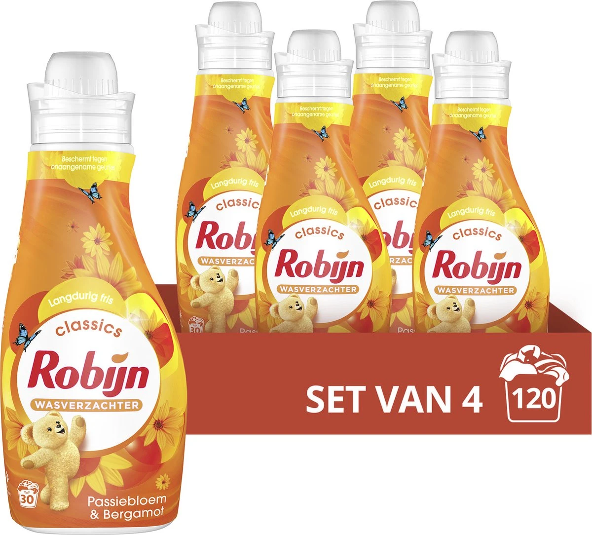 Robijn Classics Passiebloem & Bergamot Wasverzachter - 4 X 30 Wasbeurten - Voordeelverpakking 1 Robijn Classics Passiebloem & Bergamot Wasverzachter - 4 X 30 Wasbeurten - Voordeelverpakking