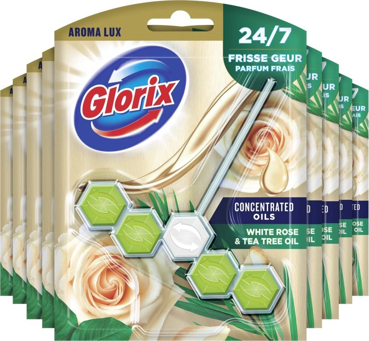 Glorix Aroma Lux Toiletblokken White Rose & Tea Tree Oil - 9 X 55g - Voordeelverpakking 1 Glorix Aroma Lux Toiletblokken White Rose & Tea Tree Oil - 9 X 55g - Voordeelverpakking