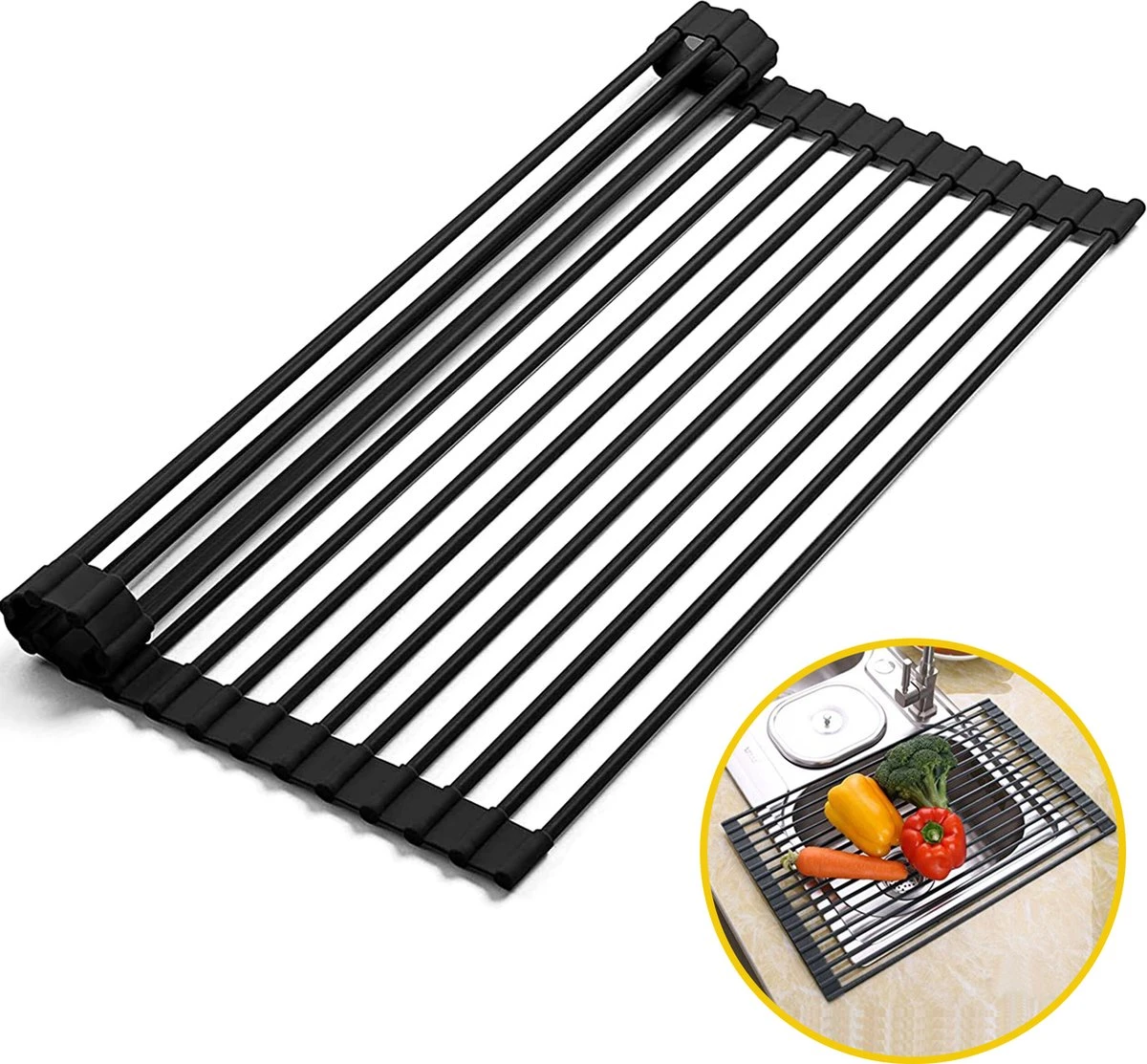 Kitch&Life Afdruiprek Oprolbaar - Mat Zwart - Pannenonderzetter - Afdruipmat - Keukenrek 3-in-1 1 Kitch&Life Afdruiprek Oprolbaar - Mat Zwart - Pannenonderzetter - Afdruipmat - Keukenrek 3-in-1