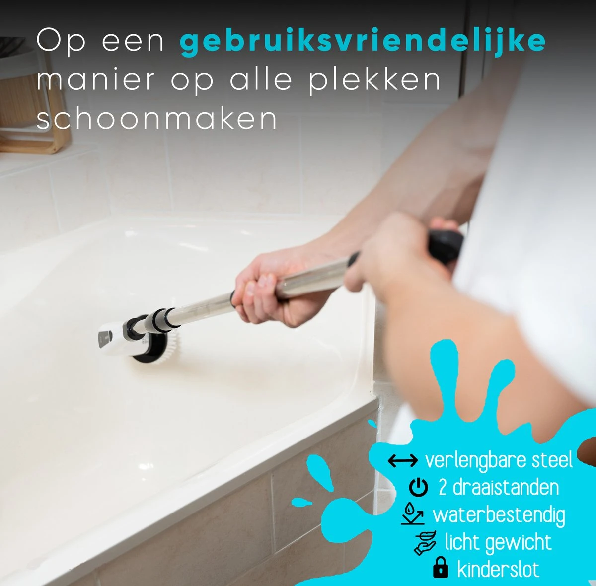 Merkloos Scrubclean Elektrische Schoonmaakborstel-7 In 1 Schrobber Met Steel-2 Standen Poetsmachine-max 130cm-badkamer/keuken/auto +gratis Houder 2 Merkloos Scrubclean Elektrische Schoonmaakborstel-7 In 1 Schrobber Met Steel-2 Standen Poetsmachine-max 130cm-badkamer/keuken/auto +gratis Houder - Afbeelding 2