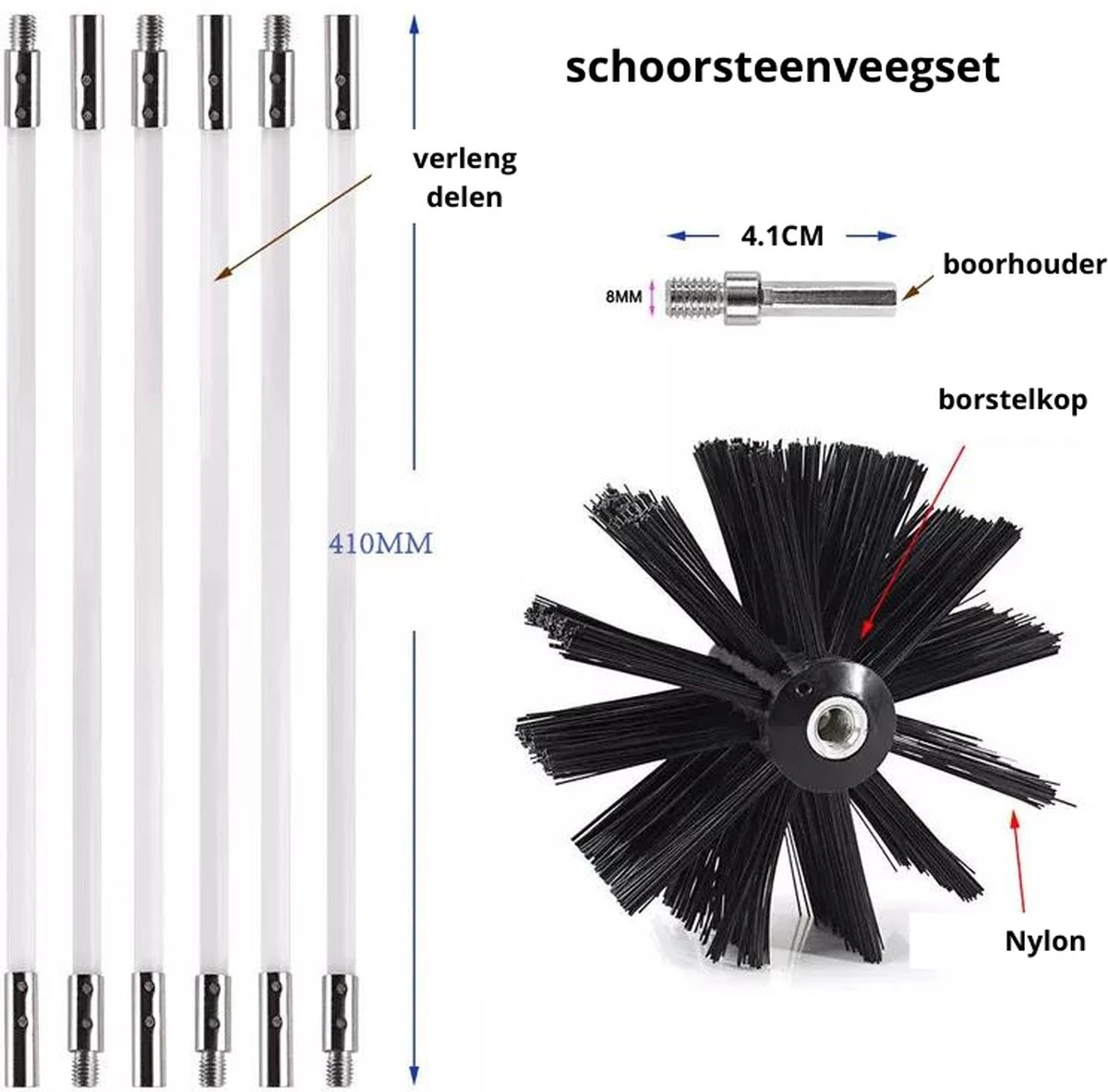 NIRAX Professionele Schoorsteenveegset Verstelbaar Tot 9 Meter – Schoorsteenveger - Veegkit – Schoorsteen Borstel - Schoorsteenreiniger - Borstel Set - Kachel - Onderhoud 4 NIRAX Professionele Schoorsteenveegset Verstelbaar Tot 9 Meter – Schoorsteenveger - Veegkit – Schoorsteen Borstel - Schoorsteenreiniger - Borstel Set - Kachel - Onderhoud - Afbeelding 4