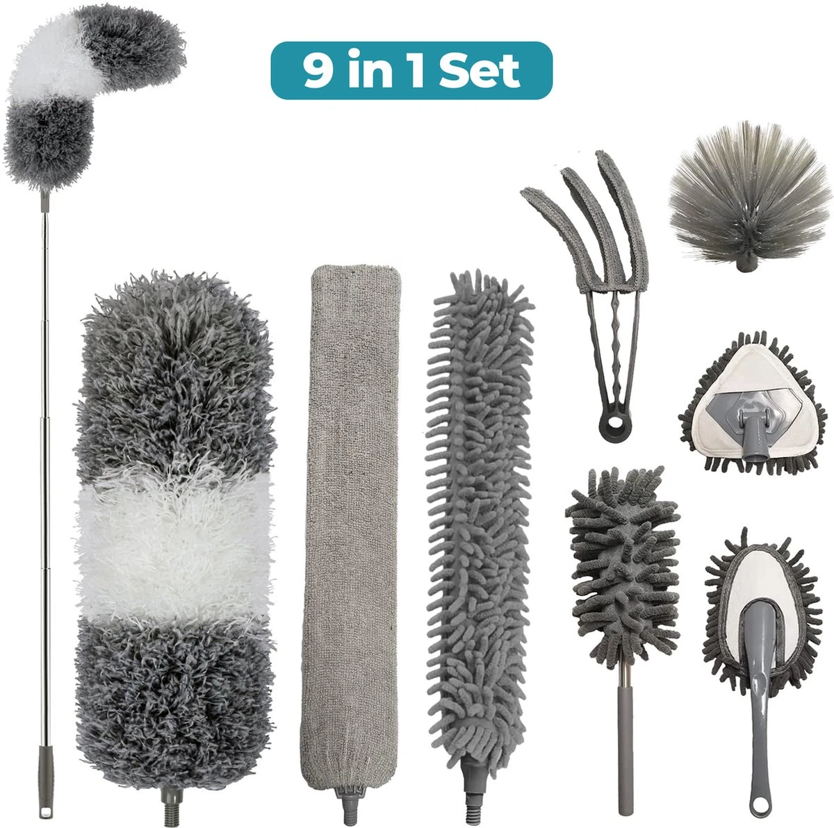 NovaBeau Plumeau Met Telescoopsteel – Microvezel Ragebol Uitschuifbaar - 9-delig Duster Set Met Voegenborstel – RVS Stoffer – Grijs Chenille Borstel – Wasbaar En Draaibaar 1 NovaBeau Plumeau Met Telescoopsteel – Microvezel Ragebol Uitschuifbaar - 9-delig Duster Set Met Voegenborstel – RVS Stoffer – Grijs Chenille Borstel – Wasbaar En Draaibaar
