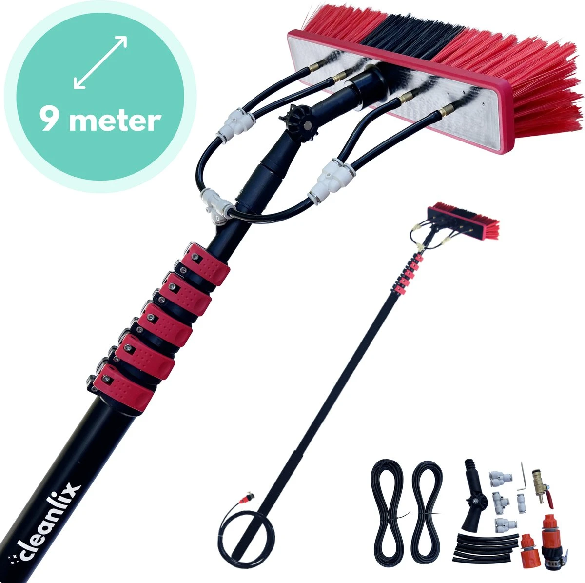 Cleanlix Telescoopsteel Met Borstel - Met Waterdoorvoer - Telescopische Wasborstel - Ramenwassen - Uitschuifbaar Tot 9 Meter 1 Cleanlix Telescoopsteel Met Borstel - Met Waterdoorvoer - Telescopische Wasborstel - Ramenwassen - Uitschuifbaar Tot 9 Meter