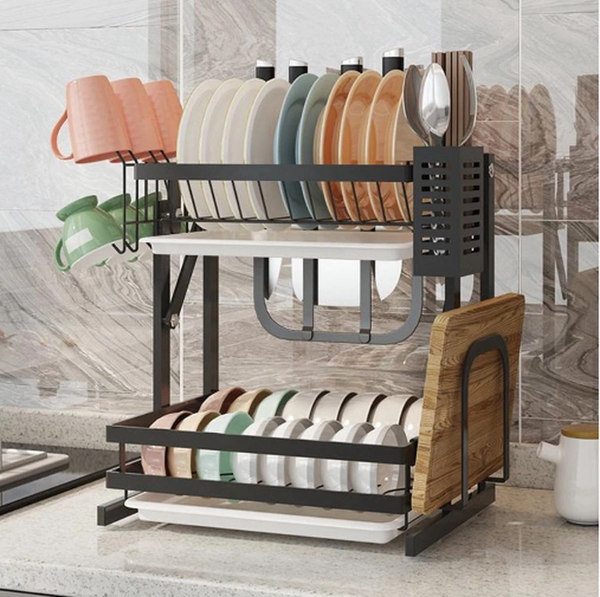 Doogo® Afdruiprek Met Lekbak 2 Laags – Inklapbaar - Muur Hangen Mogelijke - Afwasrek – Met 2 Lekbakken – Extra Accessories Voor Servies En Snijplanken - RVS 11 Doogo® Afdruiprek Met Lekbak 2 Laags – Inklapbaar - Muur Hangen Mogelijke - Afwasrek – Met 2 Lekbakken – Extra Accessories Voor Servies En Snijplanken - RVS - Afbeelding 11