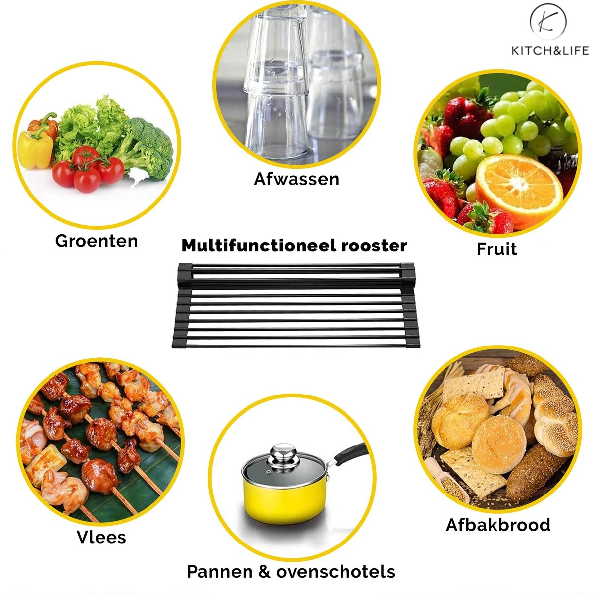 Kitch&Life Afdruiprek Oprolbaar - Mat Zwart - Pannenonderzetter - Afdruipmat - Keukenrek 3-in-1 2 Kitch&Life Afdruiprek Oprolbaar - Mat Zwart - Pannenonderzetter - Afdruipmat - Keukenrek 3-in-1 - Afbeelding 2