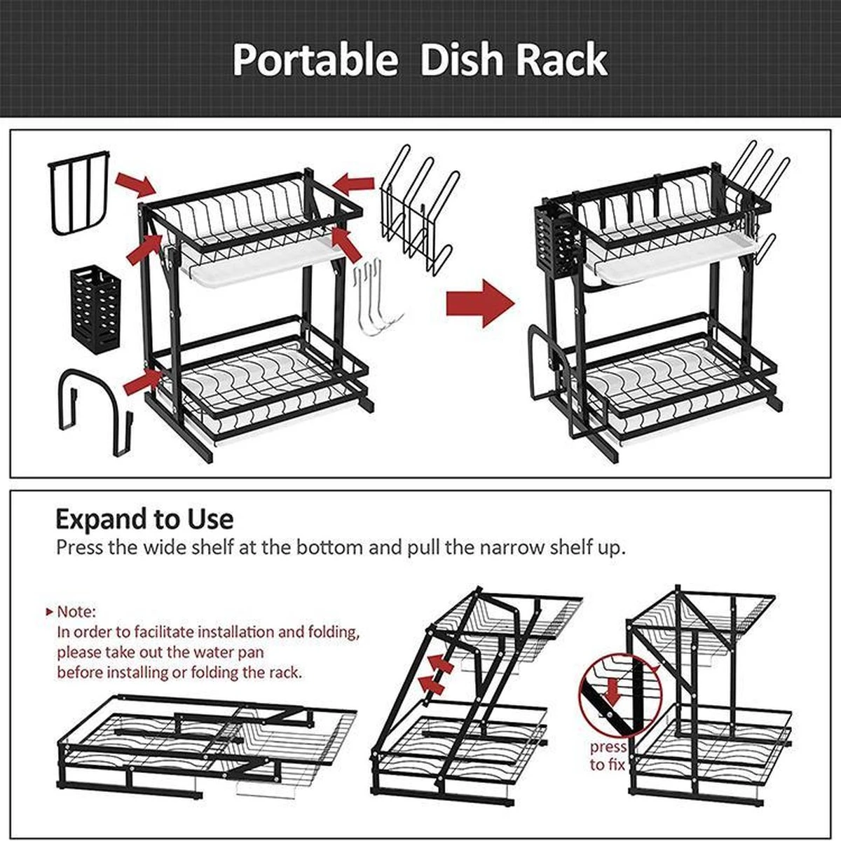 TammaT - Afdruiprek Met Lekbak 2 Laags – Inklapbaar - Afwasrek – Met 2 Lekbakken – Extra Accessories Voor Servies En Snijplanken - RVS - 38x35x26,5cm 3 TammaT - Afdruiprek Met Lekbak 2 Laags – Inklapbaar - Afwasrek – Met 2 Lekbakken – Extra Accessories Voor Servies En Snijplanken - RVS - 38x35x26,5cm - Afbeelding 3