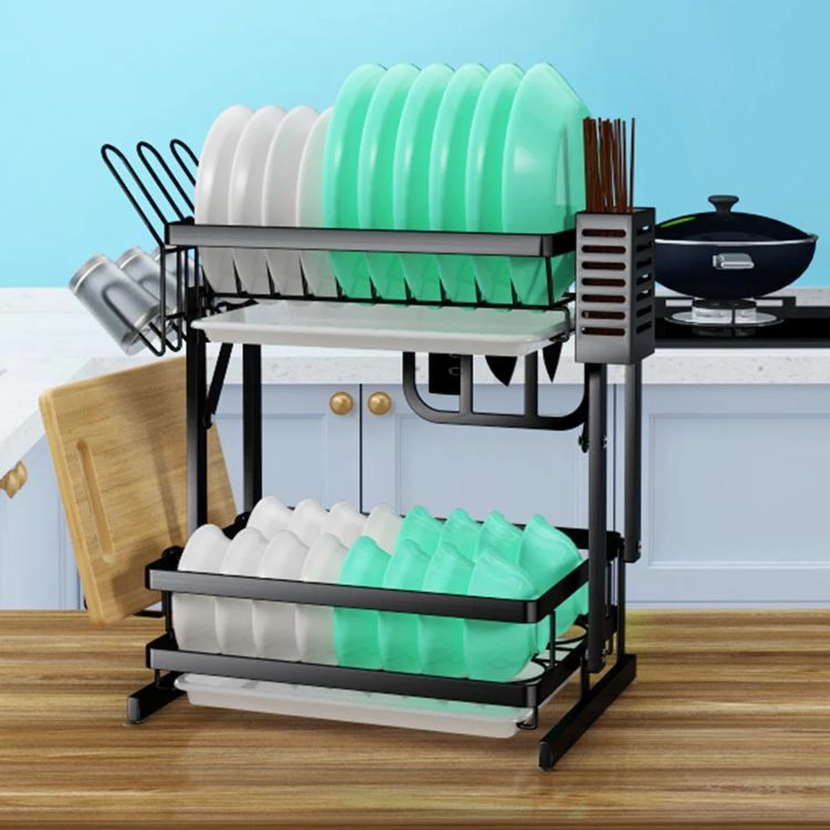 TammaT - Afdruiprek Met Lekbak 2 Laags – Inklapbaar - Afwasrek – Met 2 Lekbakken – Extra Accessories Voor Servies En Snijplanken - RVS - 38x35x26,5cm 5 TammaT - Afdruiprek Met Lekbak 2 Laags – Inklapbaar - Afwasrek – Met 2 Lekbakken – Extra Accessories Voor Servies En Snijplanken - RVS - 38x35x26,5cm - Afbeelding 5