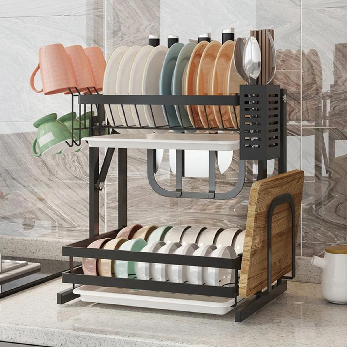 TammaT - Afdruiprek Met Lekbak 2 Laags – Inklapbaar - Afwasrek – Met 2 Lekbakken – Extra Accessories Voor Servies En Snijplanken - RVS - 38x35x26,5cm 8 TammaT - Afdruiprek Met Lekbak 2 Laags – Inklapbaar - Afwasrek – Met 2 Lekbakken – Extra Accessories Voor Servies En Snijplanken - RVS - 38x35x26,5cm - Afbeelding 8