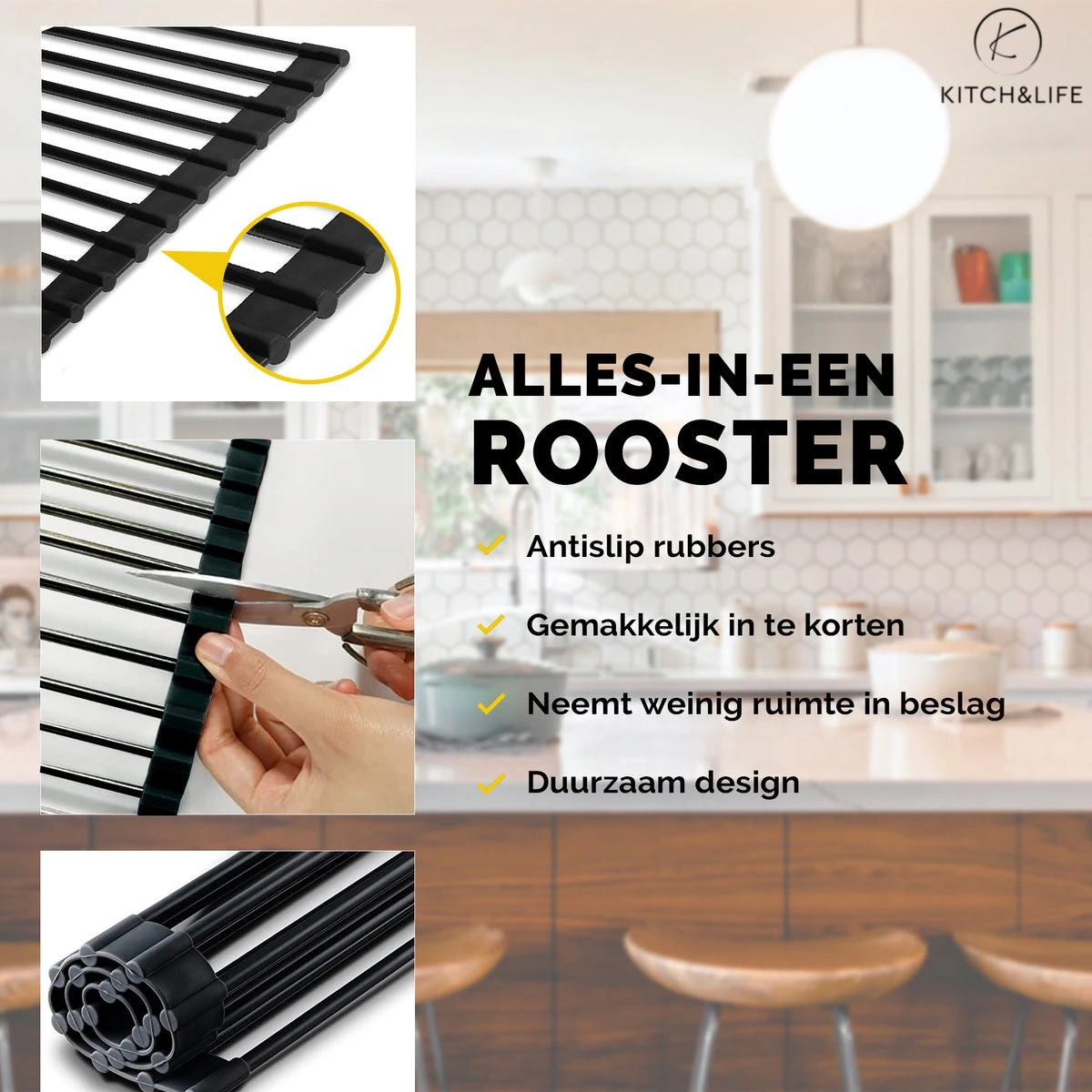 Kitch&Life Afdruiprek Oprolbaar - Mat Zwart - Pannenonderzetter - Afdruipmat - Keukenrek 3-in-1 4 Kitch&Life Afdruiprek Oprolbaar - Mat Zwart - Pannenonderzetter - Afdruipmat - Keukenrek 3-in-1 - Afbeelding 4