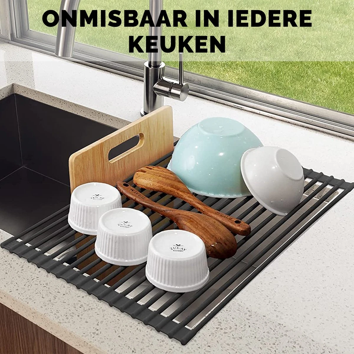 Kitch&Life Afdruiprek Oprolbaar - Mat Zwart - Pannenonderzetter - Afdruipmat - Keukenrek 3-in-1 9 Kitch&Life Afdruiprek Oprolbaar - Mat Zwart - Pannenonderzetter - Afdruipmat - Keukenrek 3-in-1 - Afbeelding 9