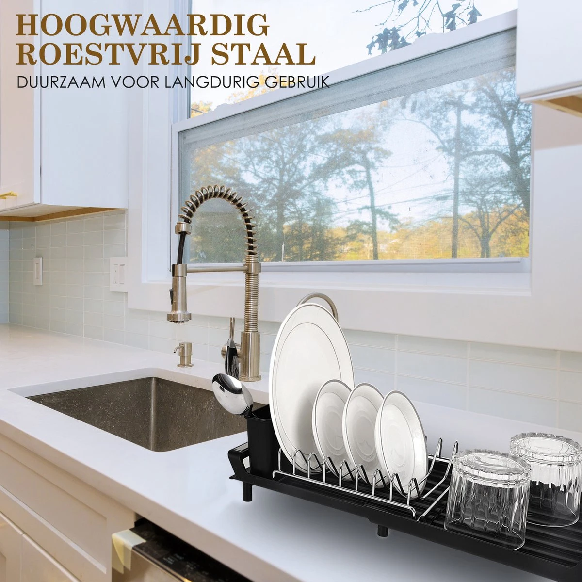 MIRI Afdruiprek – Afwasrek – Uitschuifbaar – Met Lekbak In Gootsteen – Afwas – Roestvrij Staal – Zwart 5 MIRI Afdruiprek – Afwasrek – Uitschuifbaar – Met Lekbak In Gootsteen – Afwas – Roestvrij Staal – Zwart - Afbeelding 5