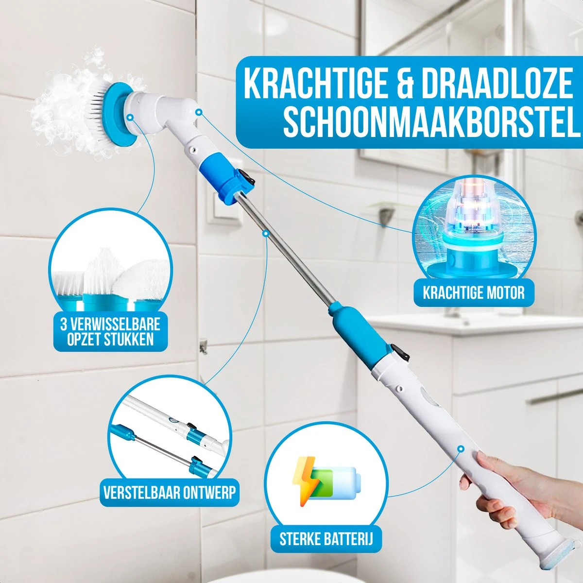 Strex Elektrische Schoonmaakborstel - Draadloze Schrobborstel - Schrobber - 3 Opzetstukken - Telescoopsteel - Poetsmachine Met Krachtige Accu 4 Strex Elektrische Schoonmaakborstel - Draadloze Schrobborstel - Schrobber - 3 Opzetstukken - Telescoopsteel - Poetsmachine Met Krachtige Accu - Afbeelding 4