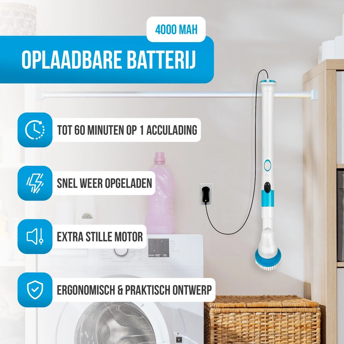 Strex Elektrische Schoonmaakborstel - Draadloze Schrobborstel - Schrobber - 3 Opzetstukken - Telescoopsteel - Poetsmachine Met Krachtige Accu 5 Strex Elektrische Schoonmaakborstel - Draadloze Schrobborstel - Schrobber - 3 Opzetstukken - Telescoopsteel - Poetsmachine Met Krachtige Accu - Afbeelding 5
