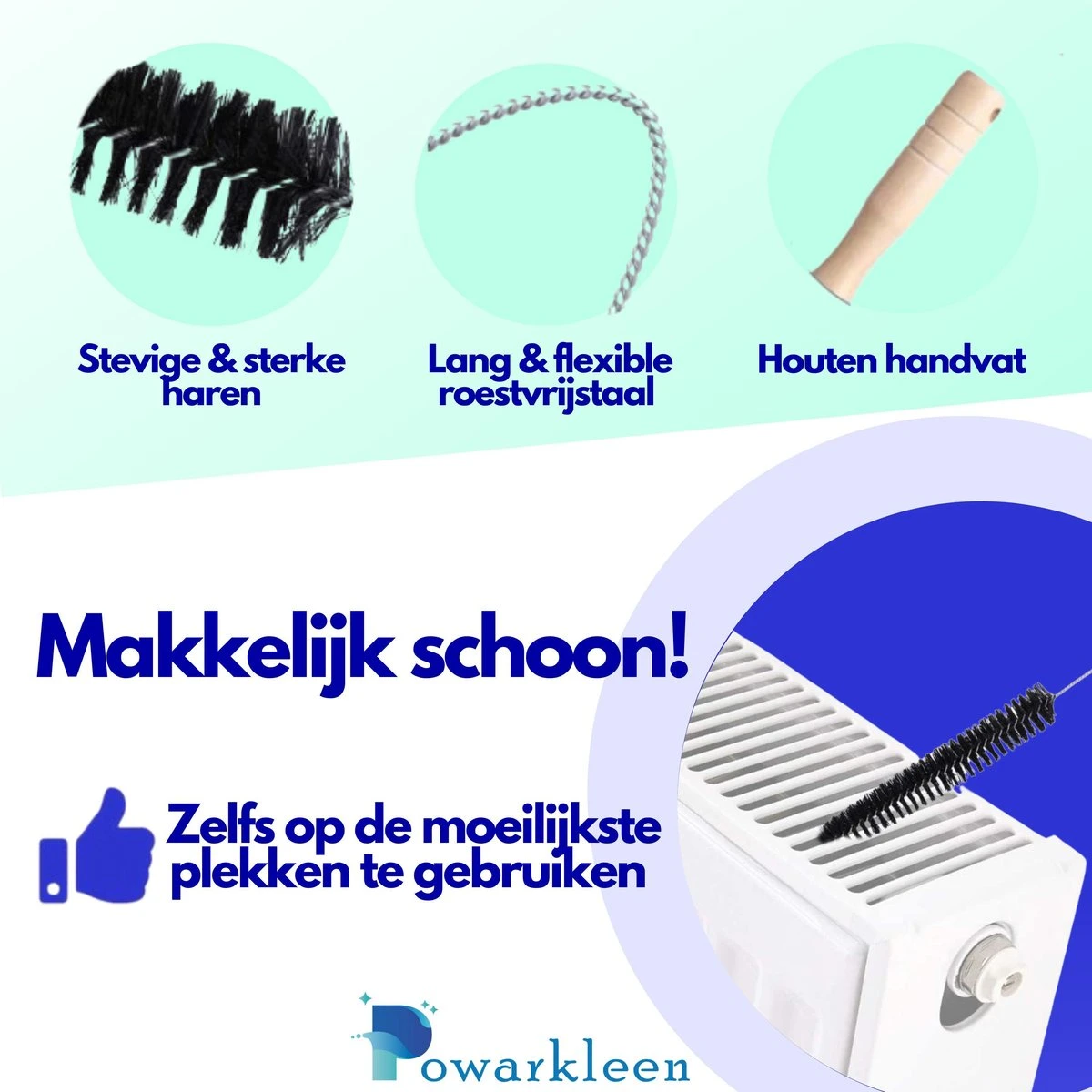 Powarkleen® - Radiatorborstel - Flexibel - Houten Handvat - Roestvrijstaal - Schoonmaakborstel - 70cm Lang! - 1 Stuk 2 Powarkleen® - Radiatorborstel - Flexibel - Houten Handvat - Roestvrijstaal - Schoonmaakborstel - 70cm Lang! - 1 Stuk - Afbeelding 2