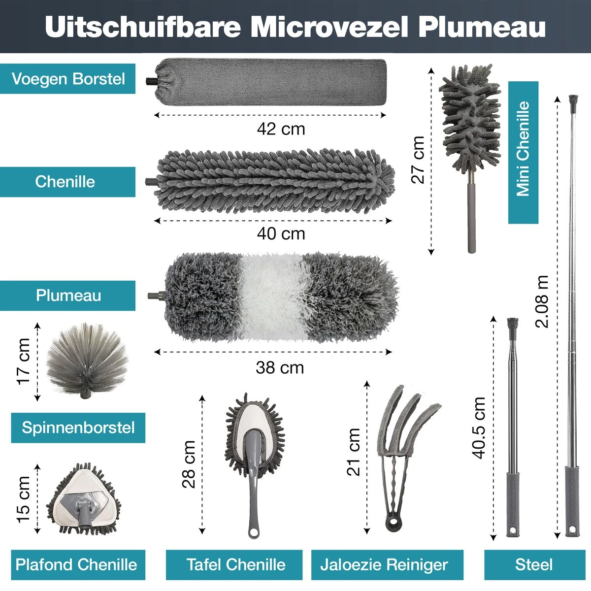 NovaBeau Plumeau Met Telescoopsteel – Microvezel Ragebol Uitschuifbaar - 9-delig Duster Set Met Voegenborstel – RVS Stoffer – Grijs Chenille Borstel – Wasbaar En Draaibaar 2 NovaBeau Plumeau Met Telescoopsteel – Microvezel Ragebol Uitschuifbaar - 9-delig Duster Set Met Voegenborstel – RVS Stoffer – Grijs Chenille Borstel – Wasbaar En Draaibaar - Afbeelding 2
