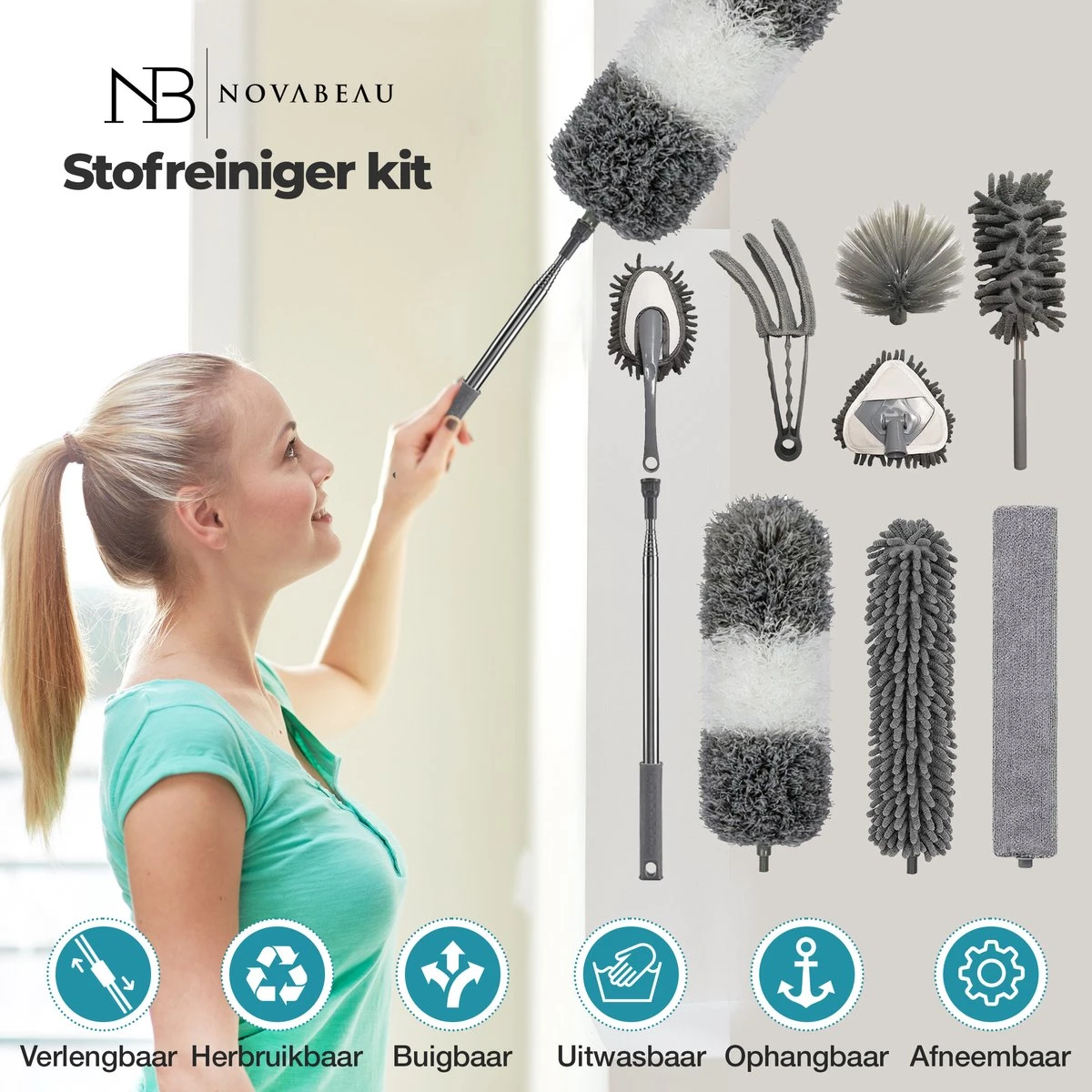 NovaBeau Plumeau Met Telescoopsteel – Microvezel Ragebol Uitschuifbaar - 9-delig Duster Set Met Voegenborstel – RVS Stoffer – Grijs Chenille Borstel – Wasbaar En Draaibaar 4 NovaBeau Plumeau Met Telescoopsteel – Microvezel Ragebol Uitschuifbaar - 9-delig Duster Set Met Voegenborstel – RVS Stoffer – Grijs Chenille Borstel – Wasbaar En Draaibaar - Afbeelding 4