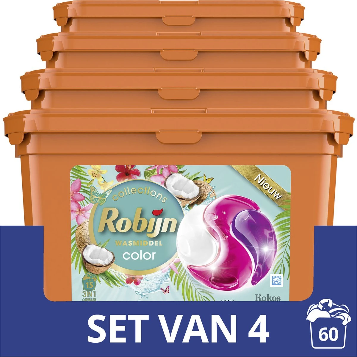 Robijn Kokos 3 In 1 Wascapsules - 4 X 15 Wasbeurten - Voordeelverpakking 1 Robijn Kokos 3 In 1 Wascapsules - 4 X 15 Wasbeurten - Voordeelverpakking