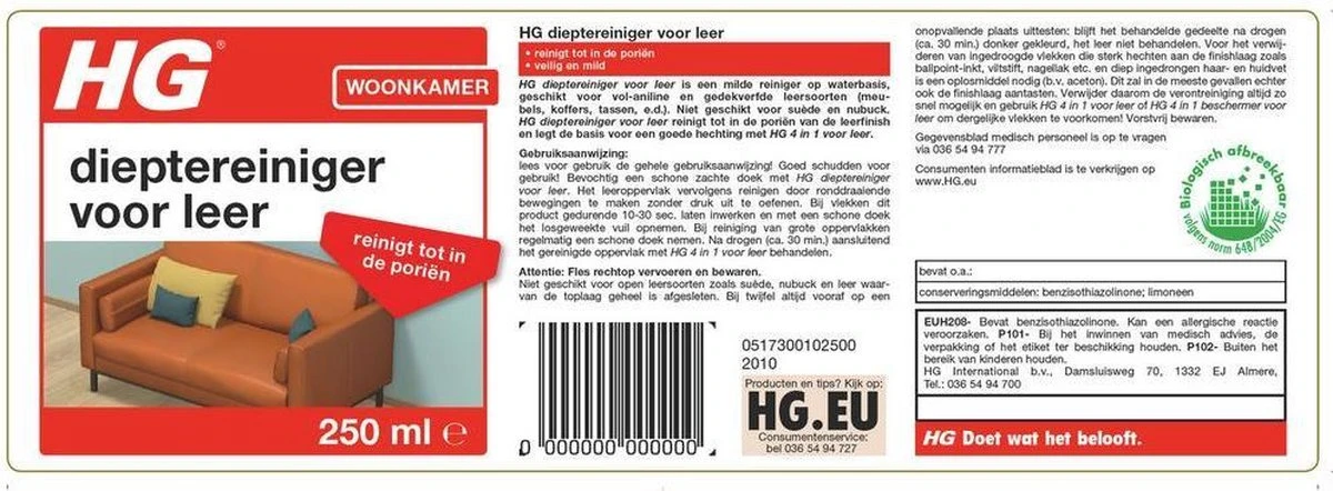 HG Dieptereiniger Voor Leer - 250 Ml - Reinigt Tot In De Poriën 2 HG Dieptereiniger Voor Leer - 250 Ml - Reinigt Tot In De Poriën - Afbeelding 2