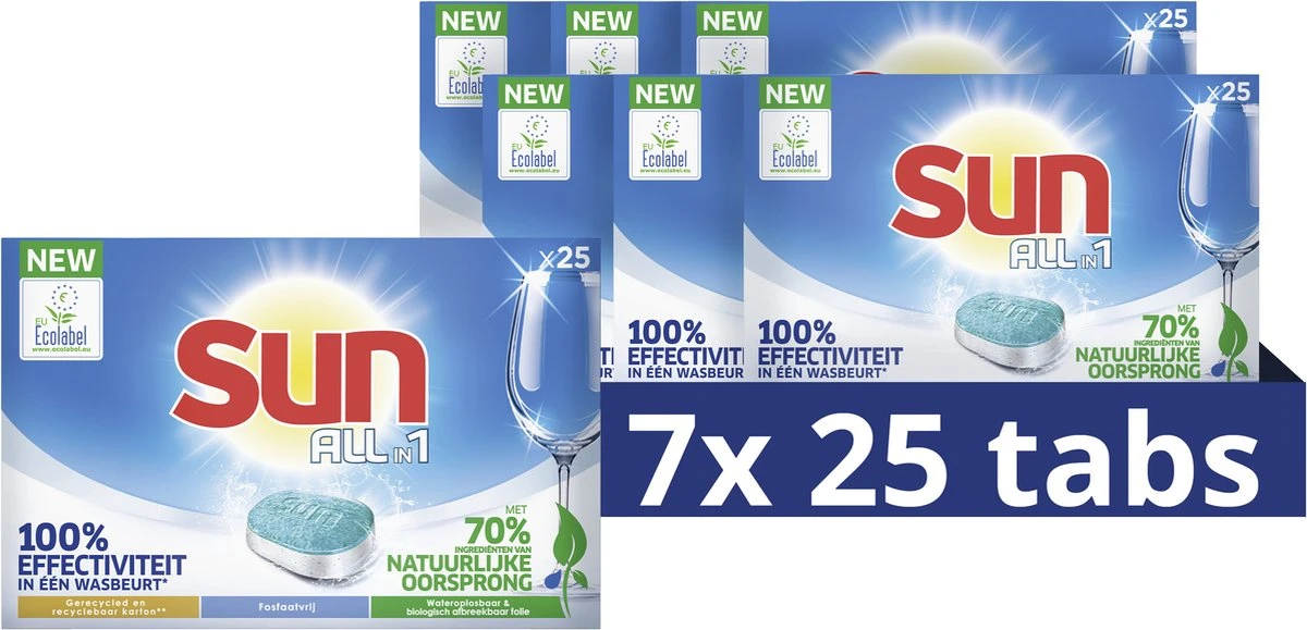 SUN® Sun All-in-1 Normaal Vaatwastabletten - 7 X 25 Tabletten - Voordeelverpakking 1 SUN® Sun All-in-1 Normaal Vaatwastabletten - 7 X 25 Tabletten - Voordeelverpakking