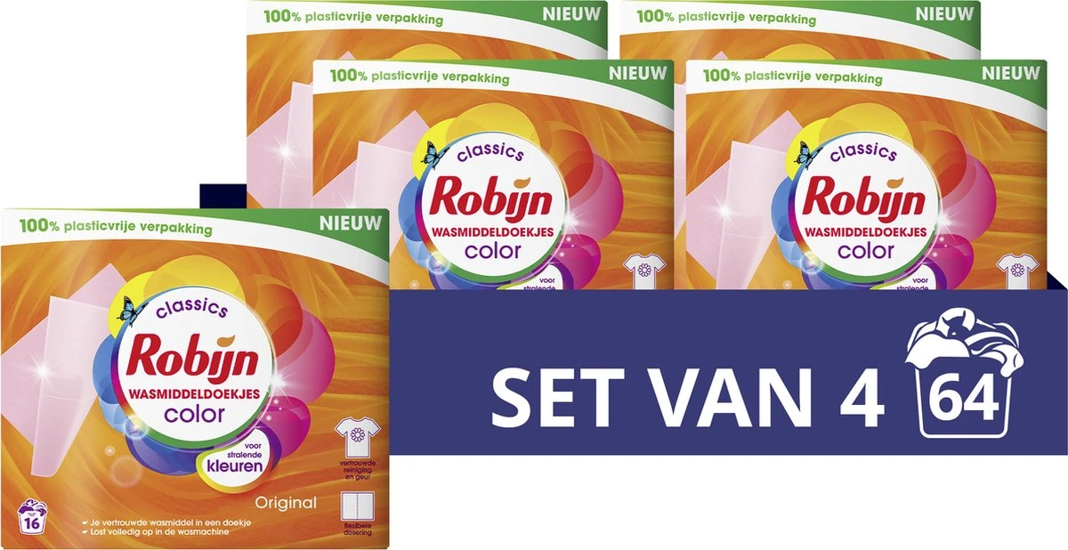 Robijn Classics Color Wasmiddeldoekjes - 4 X 16 Wasstrips - Voordeelverpakking 1 Robijn Classics Color Wasmiddeldoekjes - 4 X 16 Wasstrips - Voordeelverpakking