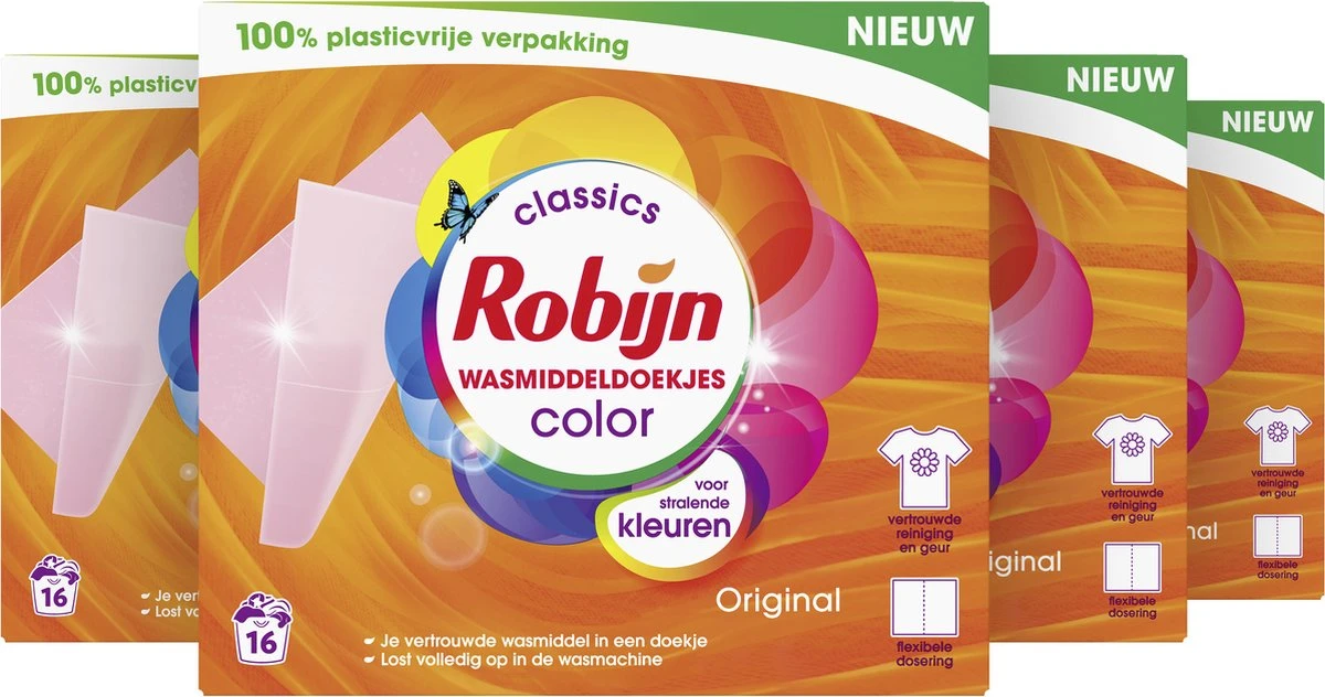 Robijn Classics Color Wasmiddeldoekjes - 4 X 16 Wasstrips - Voordeelverpakking 2 Robijn Classics Color Wasmiddeldoekjes - 4 X 16 Wasstrips - Voordeelverpakking - Afbeelding 2