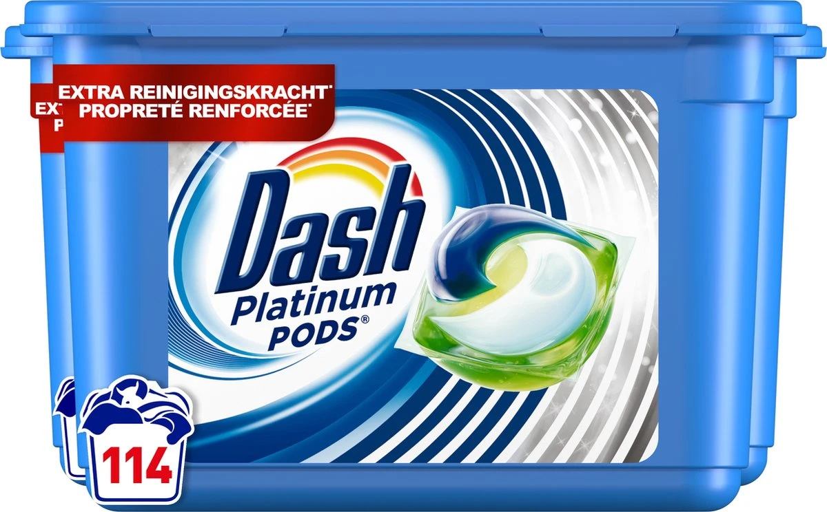 Dash Platinum Wasmiddel Pods - Wascapsules - Extra Reinigingskracht - Voordeelverpakking 3 X 38 Wasbeurten 1 Dash Platinum Wasmiddel Pods - Wascapsules - Extra Reinigingskracht - Voordeelverpakking 3 X 38 Wasbeurten