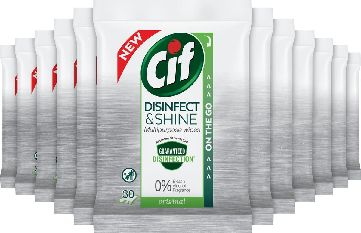 Cif Disinfect & Shine Wipes Original Desinfectie Schoonmaakdoekjes - 12 X 30 Doekjes - Voordeelverpakking 1 Cif Disinfect & Shine Wipes Original Desinfectie Schoonmaakdoekjes - 12 X 30 Doekjes - Voordeelverpakking