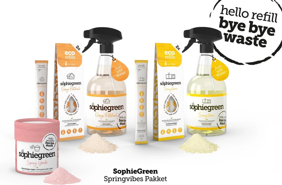 SophieGreen Voorjaarspakket; Allesreiniger + Keukenreiniger - 2x 750ml + Navullingen + Sopje Allesreiniger 100g 1 SophieGreen Voorjaarspakket; Allesreiniger + Keukenreiniger - 2x 750ml + Navullingen + Sopje Allesreiniger 100g