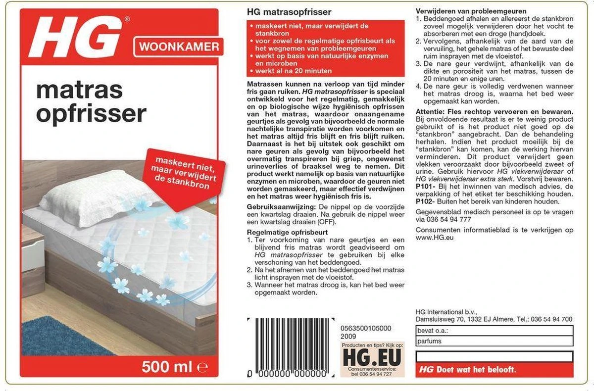 HG Matrasopfrisser - 500ml - Maskeert Niet, Maar Neemt De Bron Weg - Geeft Snel Een Fris Matras 2 HG Matrasopfrisser - 500ml - Maskeert Niet, Maar Neemt De Bron Weg - Geeft Snel Een Fris Matras - Afbeelding 2