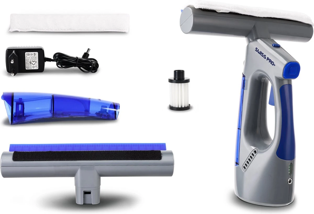 Swiss Pro+ Ruitenreiniger 3 In 1 WV 2 Blue Edition Window Vac - Ca. 120 M² - Waterzuiger - Incl. Smalle Zuigmond - Oplaadbaar - Raamwisser - Streeploos - Clicksystem - 2 Microvezeldoekjes - Met Sprayfunctie - Low Noise - Hepafilter 1 Swiss Pro+ Ruitenreiniger 3 In 1 WV 2 Blue Edition Window Vac - Ca. 120 M² - Waterzuiger - Incl. Smalle Zuigmond - Oplaadbaar - Raamwisser - Streeploos - Clicksystem - 2 Microvezeldoekjes - Met Sprayfunctie - Low Noise - Hepafilter