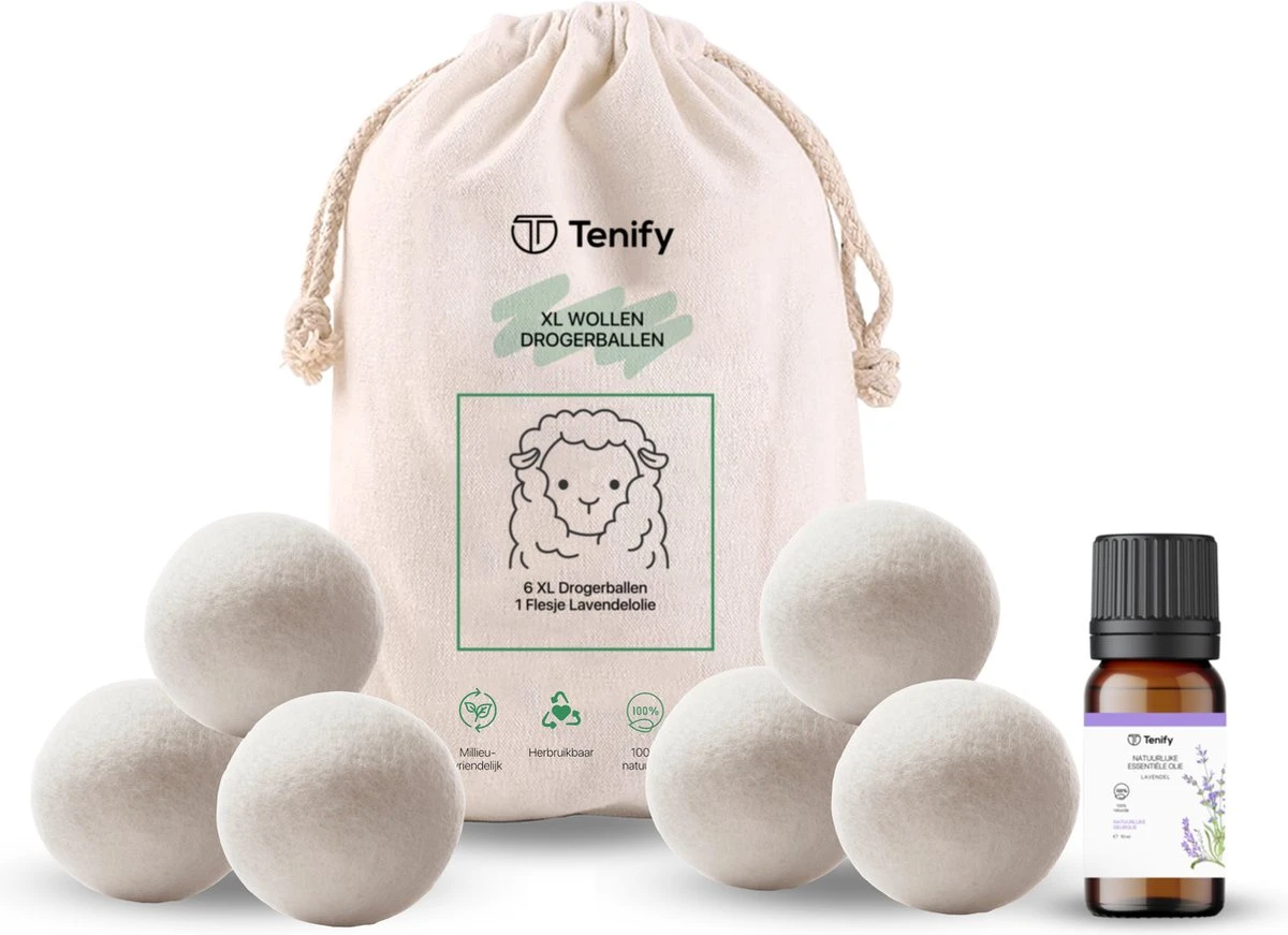 Tenify 6 XL Drogerballen + Extra Lavendel Olie - Wasbollen - Duurzaam - Schaapswol - Wasverzachter - Wasdrogerballen - Herbruikbare Droogballen - Energie Besparen 1 Tenify 6 XL Drogerballen + Extra Lavendel Olie - Wasbollen - Duurzaam - Schaapswol - Wasverzachter - Wasdrogerballen - Herbruikbare Droogballen - Energie Besparen