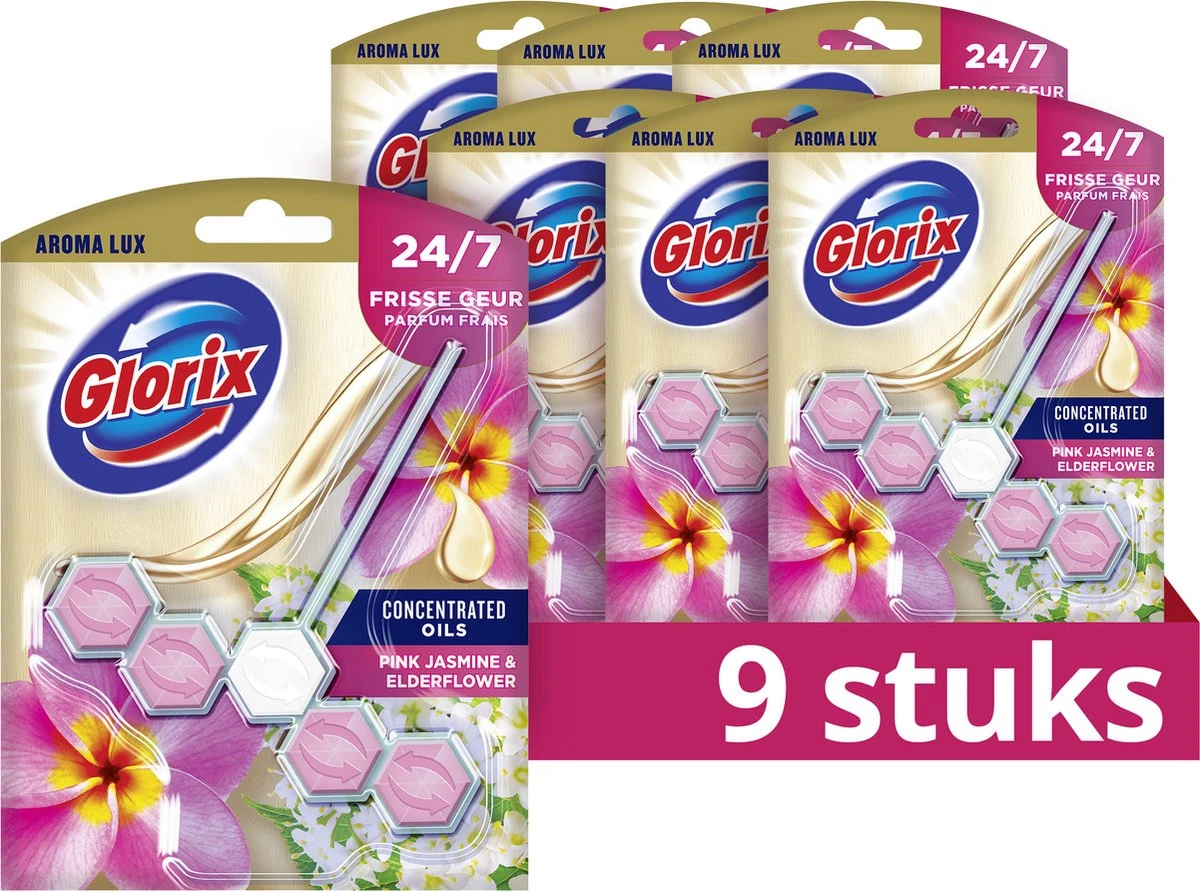 Glorix Aroma Lux Pink Jasmine & Elderflower Toiletblokken - 9 Stuks - Voordeelverpakking 1 Glorix Aroma Lux Pink Jasmine & Elderflower Toiletblokken - 9 Stuks - Voordeelverpakking