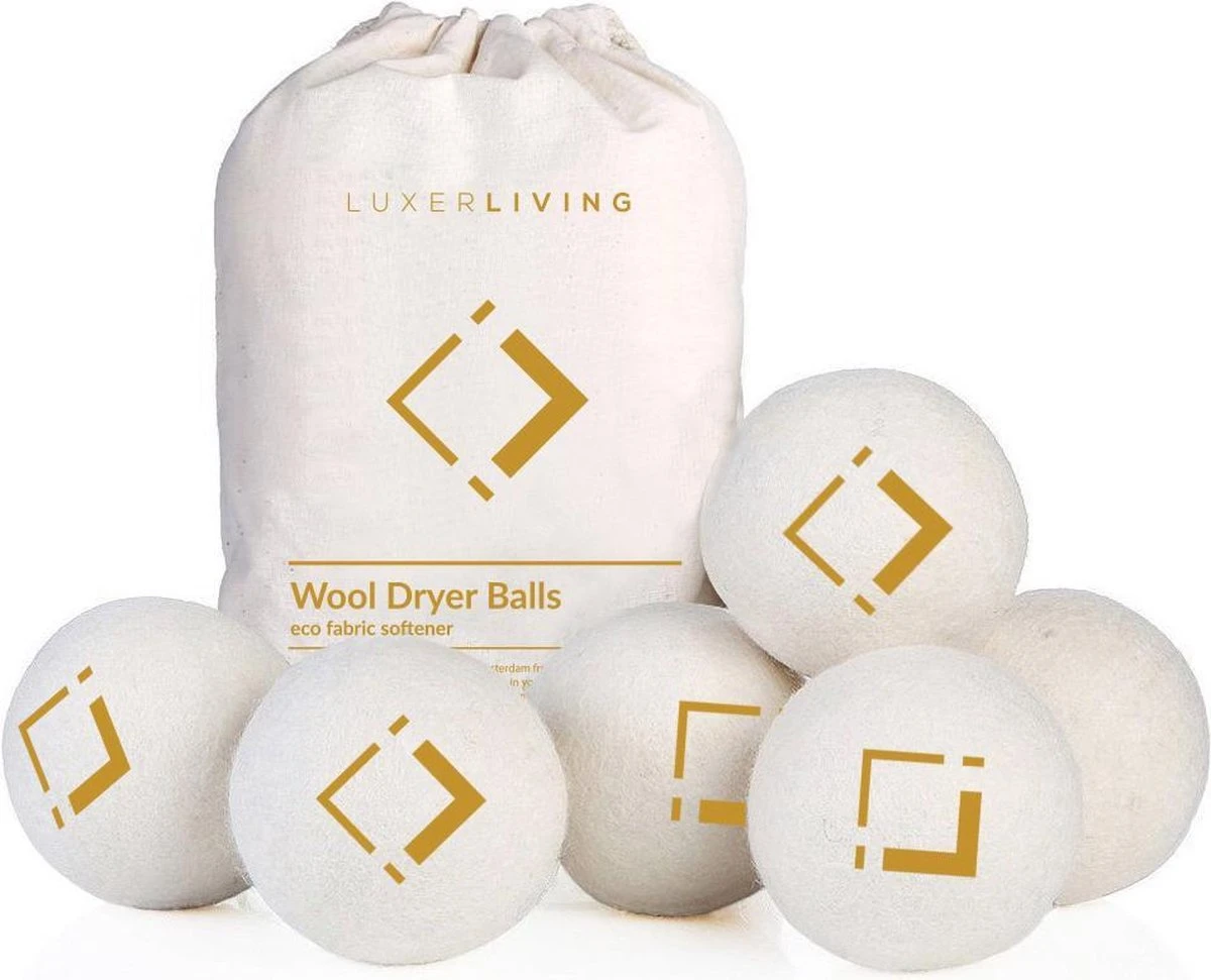 LuxerLiving Wasbol Set Van 6 - Droogt Tot 30% Sneller - Wasverzachter - Droger Ballen - Dryer Balls - Ecologisch - 100% Wol 1 LuxerLiving Wasbol Set Van 6 - Droogt Tot 30% Sneller - Wasverzachter - Droger Ballen - Dryer Balls - Ecologisch - 100% Wol