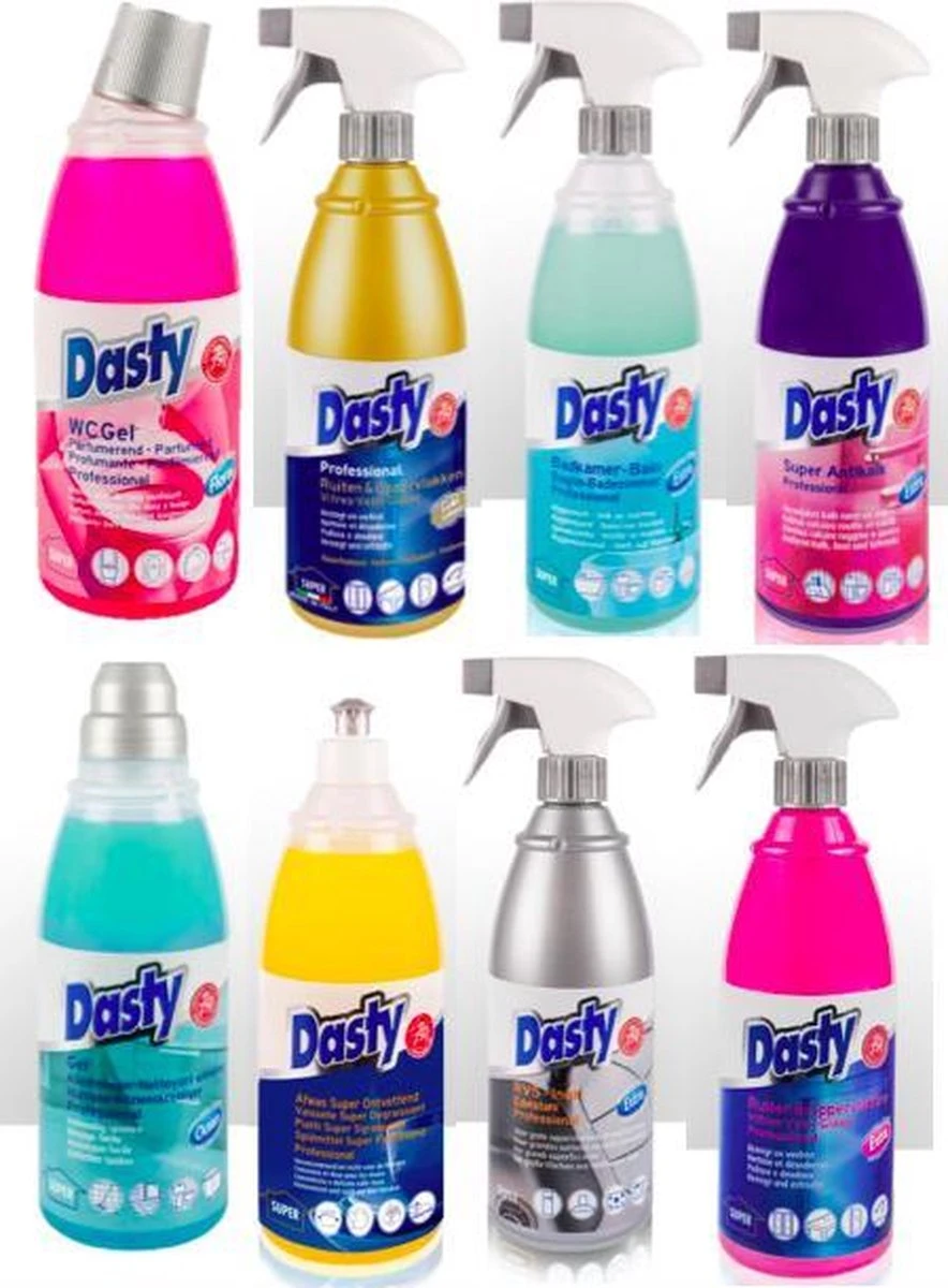Dasty Keuken+Badkamer Pakket 8 Stuks: WC-gel + Super Antikalk + Ruiten En Oppervlakten + Badkamerreiniger + Afwas Super Ontvettend + RVS- En Inductiekookplatenreiniger + Ruiten En Oppervlakten + Allesreinigende Gel + GRATIS Set Sponzen 1 Dasty Keuken+Badkamer Pakket 8 Stuks: WC-gel + Super Antikalk + Ruiten En Oppervlakten + Badkamerreiniger + Afwas Super Ontvettend + RVS- En Inductiekookplatenreiniger + Ruiten En Oppervlakten + Allesreinigende Gel + GRATIS Set Sponzen